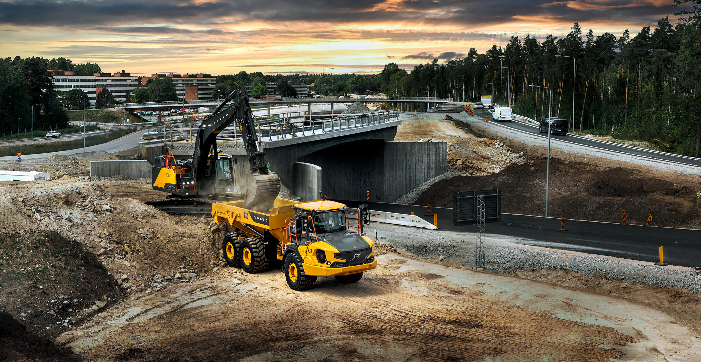 Volvo A30 articulated hauler working in road construction, transporting material with high productivity and stability