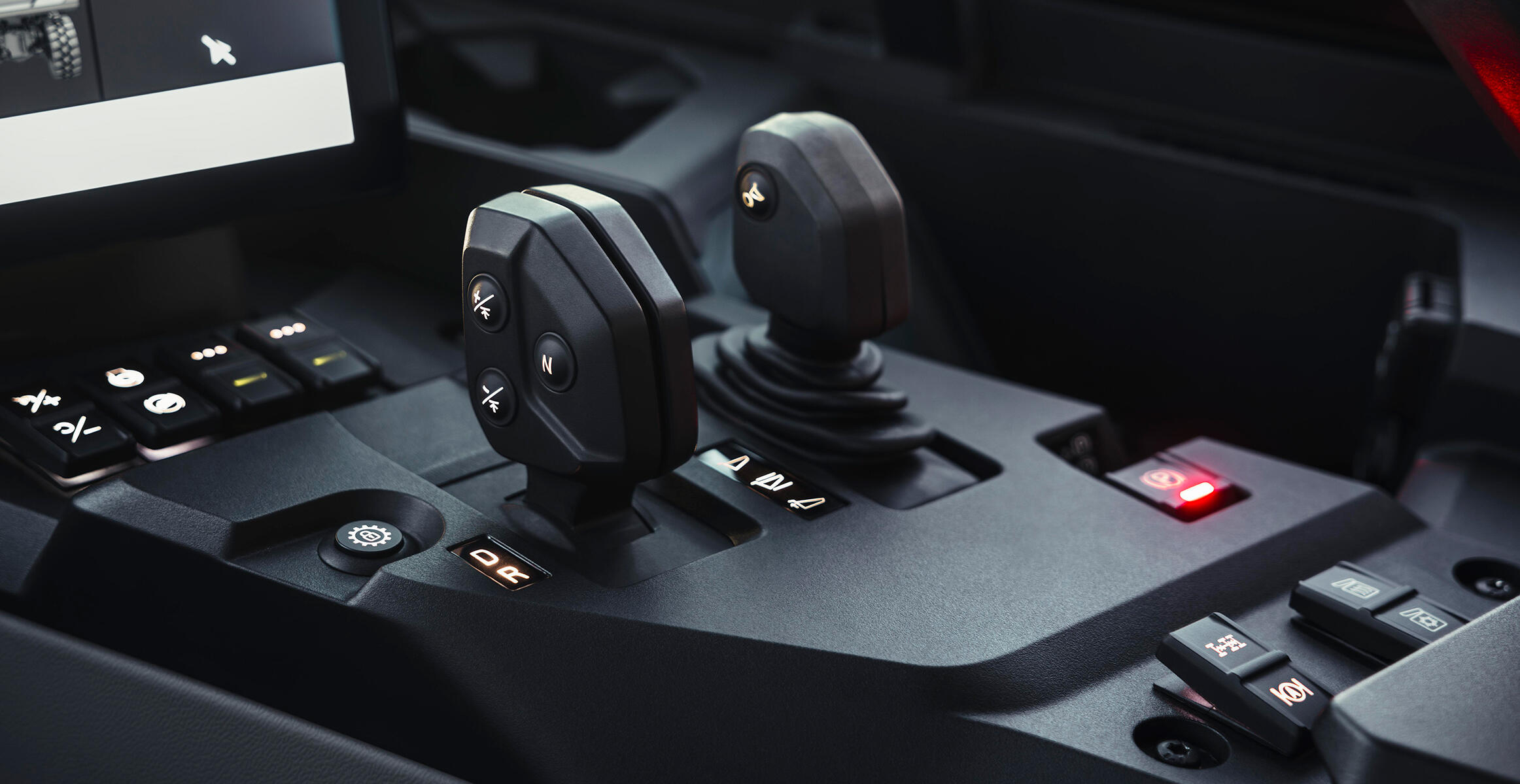 Close up of the gear lever inside the cab of a Volvo Articulated Hauler
