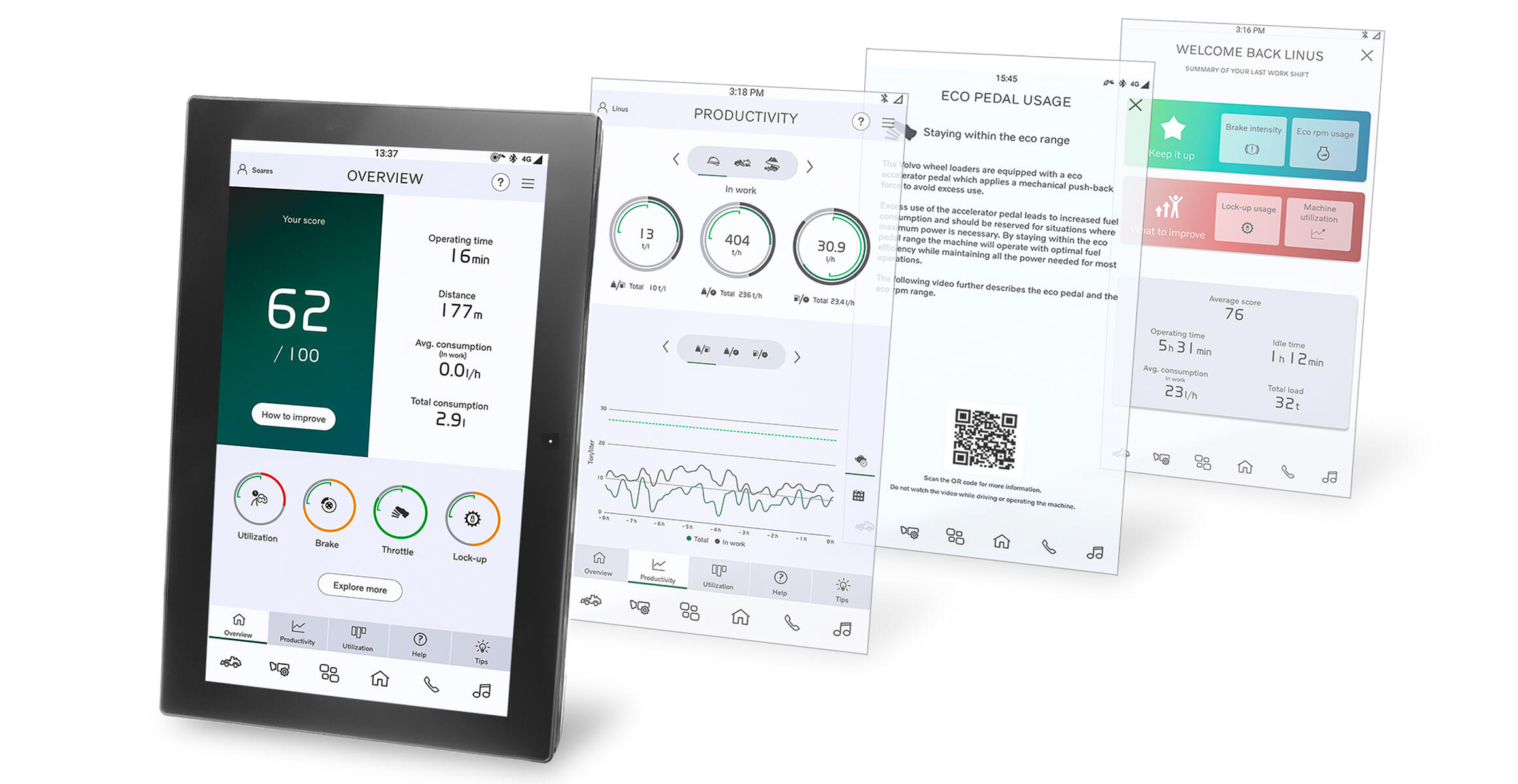 Multiple screengrabs of displays available on Volvo Co-Pilot in Volvo wheel loader