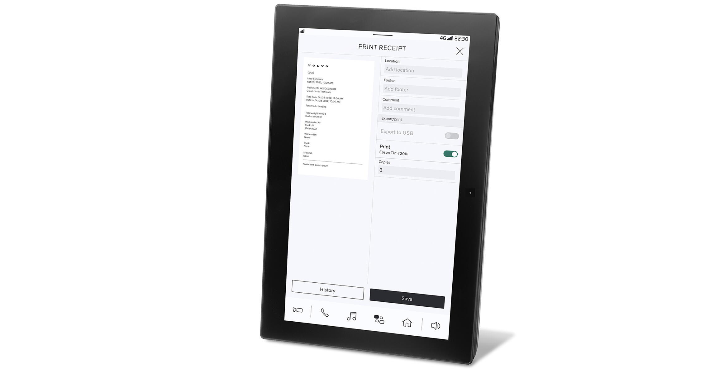 Screengrab showing Load Ticket functionality of Volvo Wheel Loaders