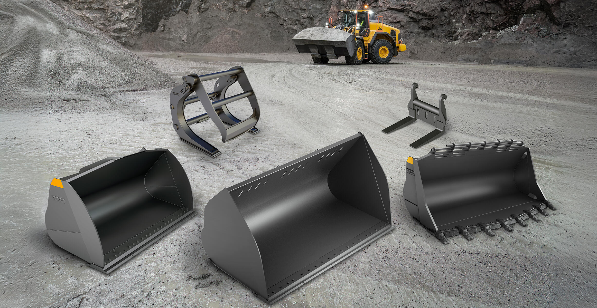 Volvo attachments for Volvo L150 wheel loader is quarry environment including grabber, forks and buckets
