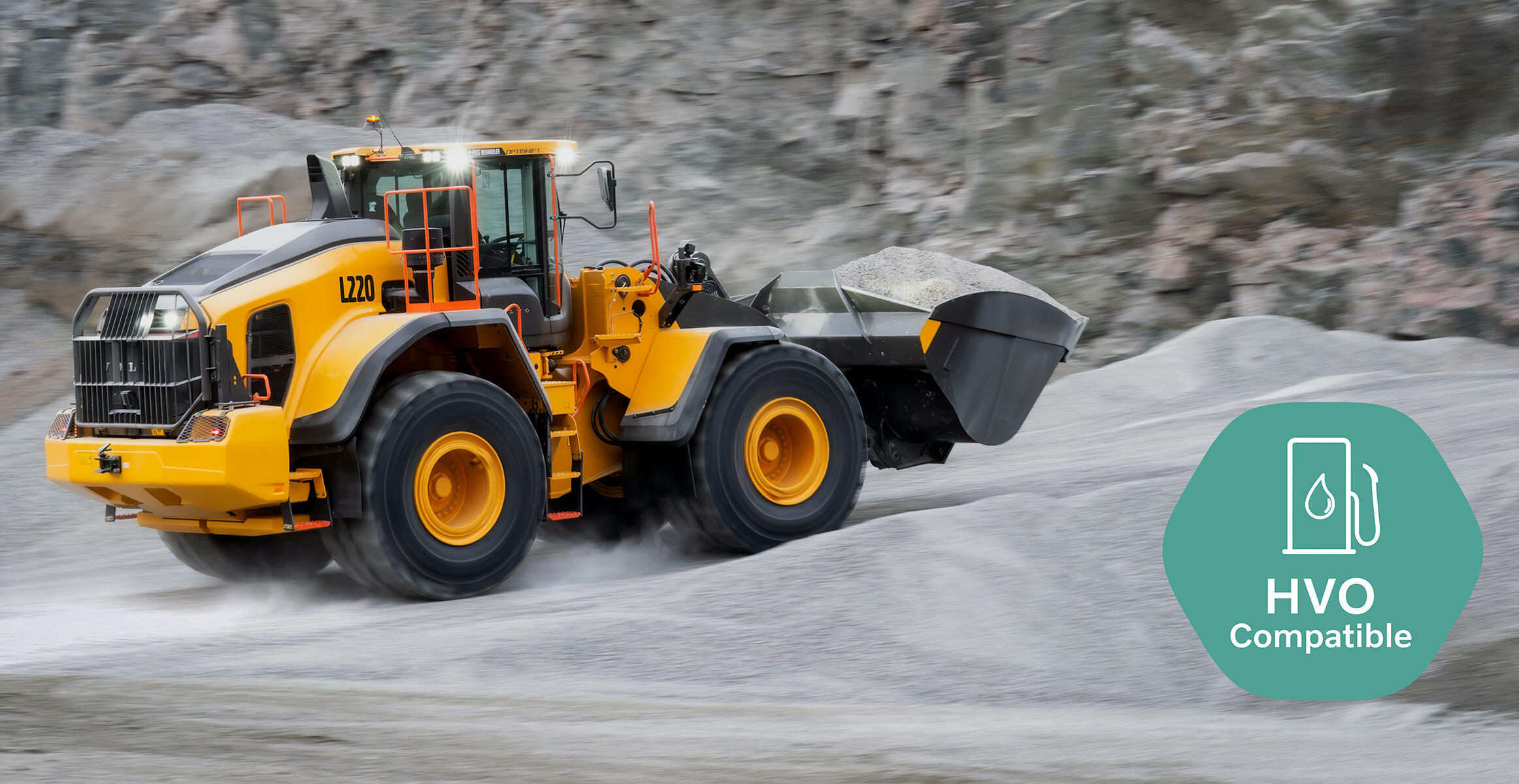 Volvo L150 wheel loader working in a wet quarry environment