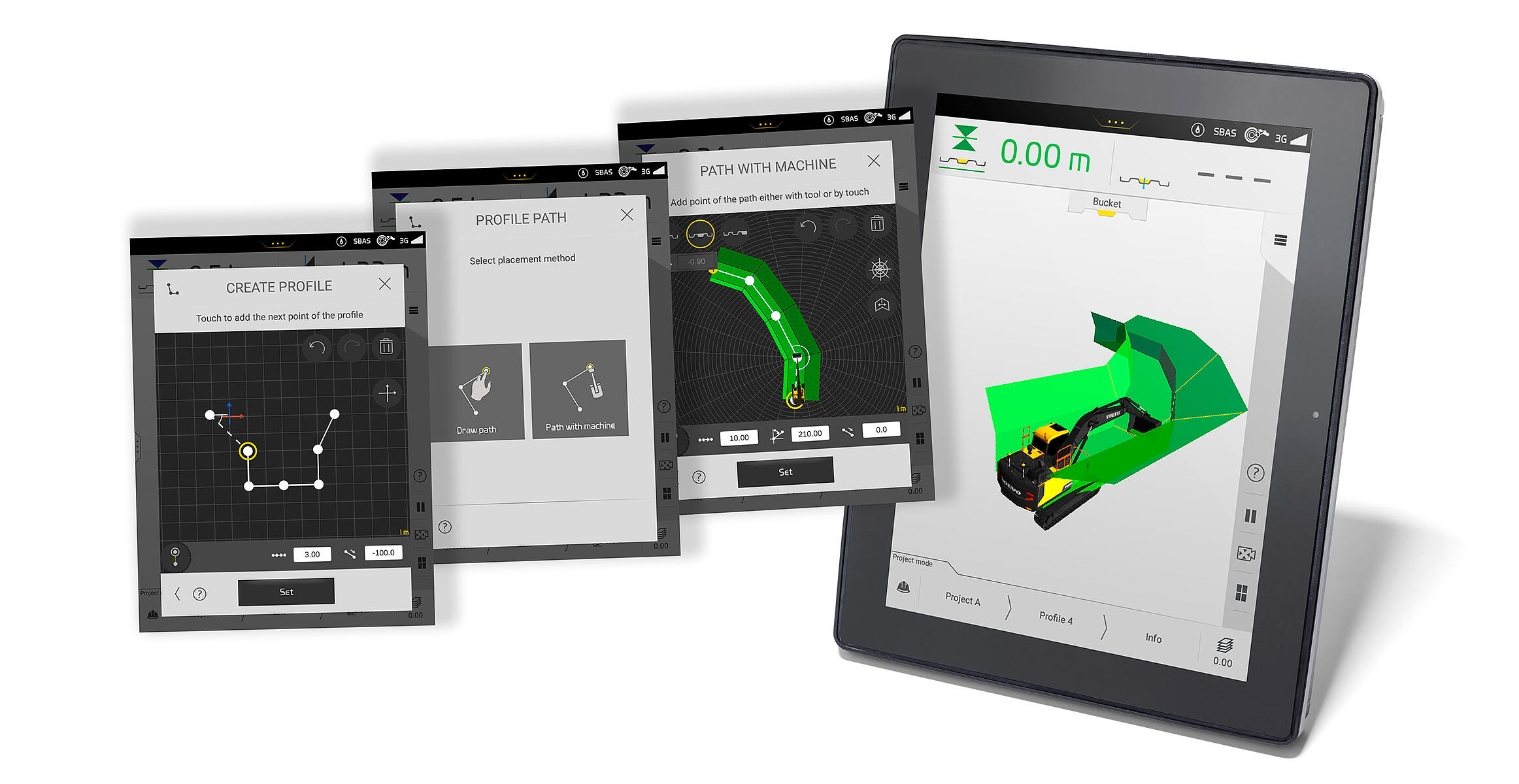 Volvo挖掘机控制系统界面屏幕，展示Dig Assist与3D平整功能