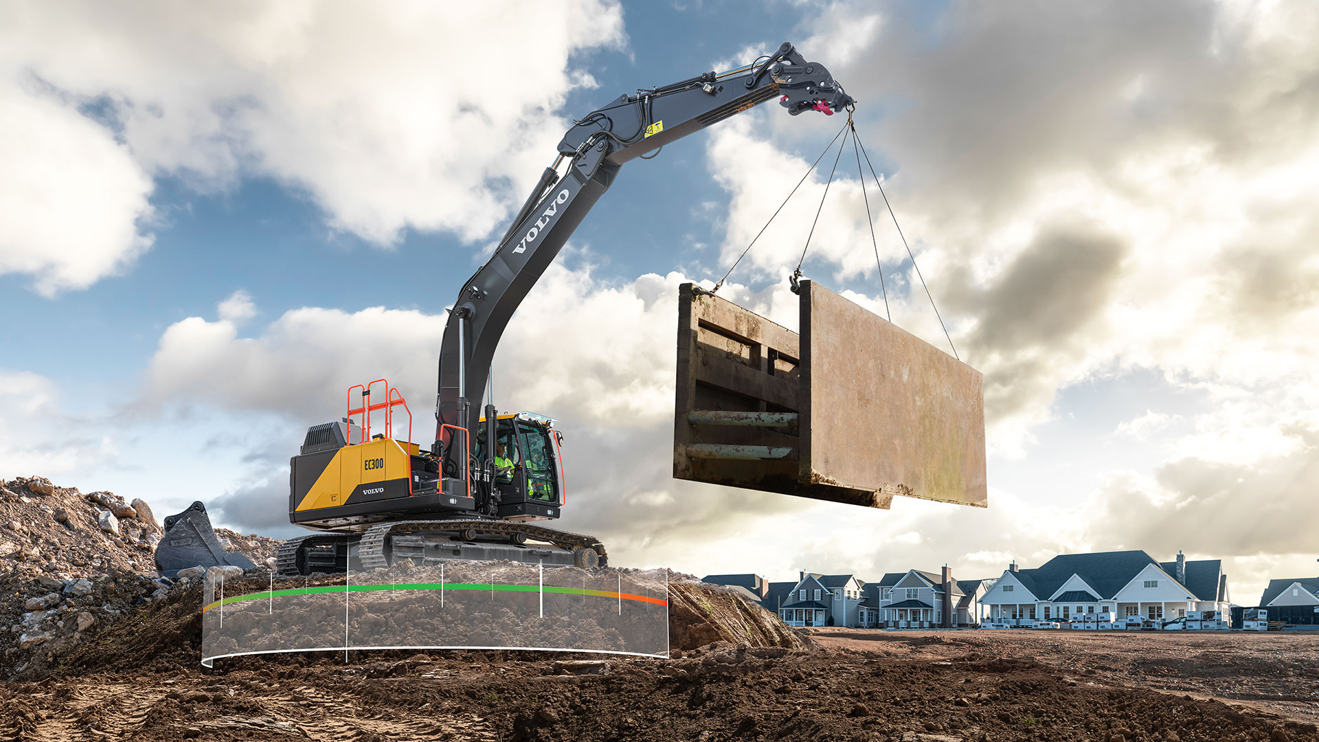 Volvo 挖掘机在住宅建筑工地吊装混凝土板并带有数字化界面显示