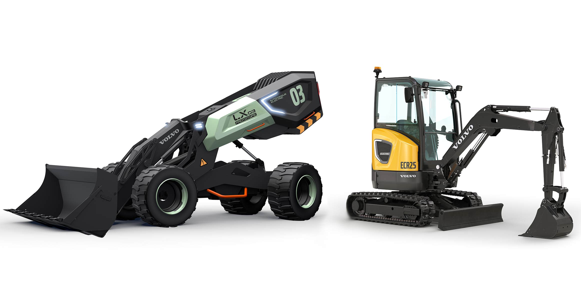 全球首展的LX03全自动电动轮式装载机概念机和中国首秀的ECR25电动微型履带式挖掘机